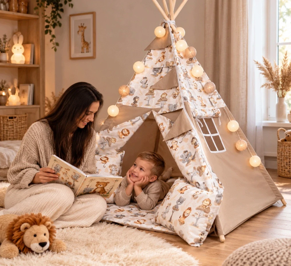 Dětský stan teepee s podložkou, polštářky a světýlky - zvířátka, béžová