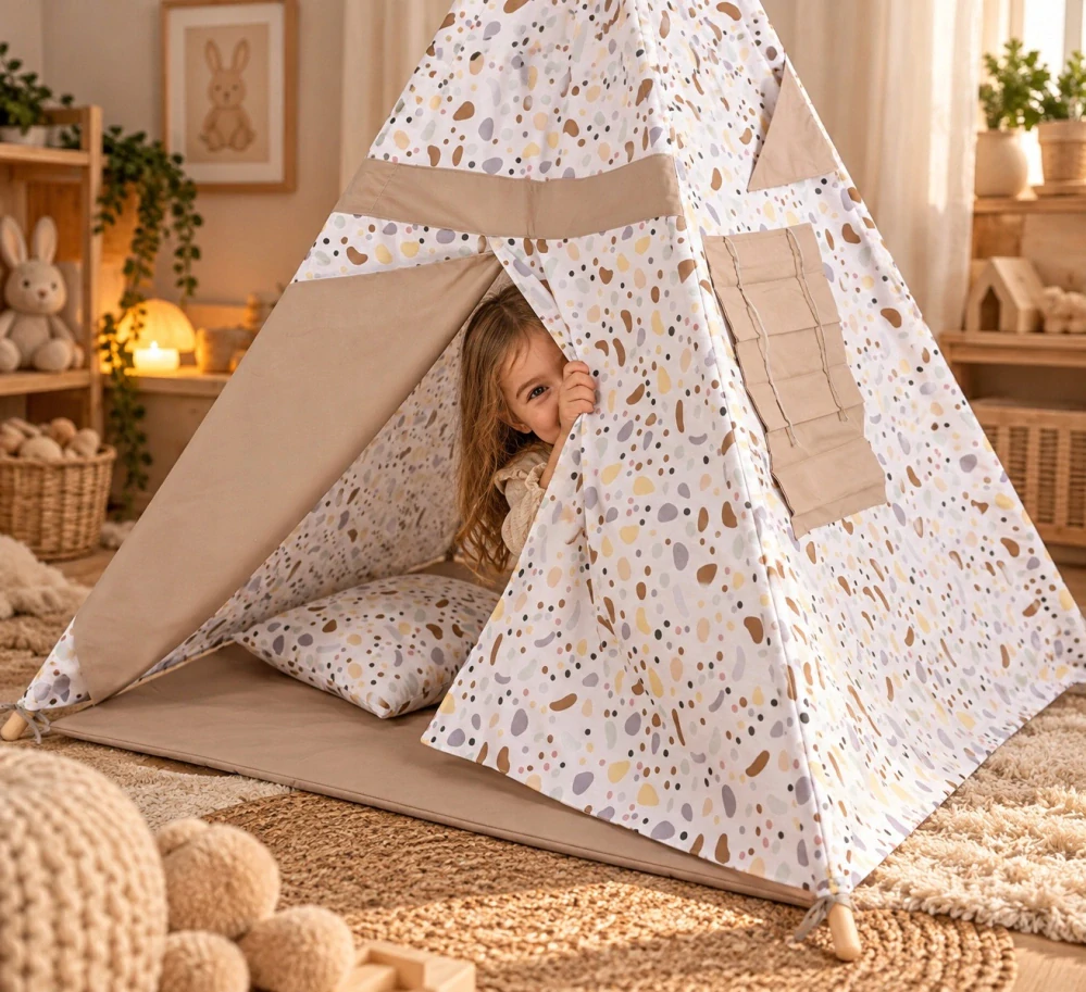 Dětský stan teepee s podložkou, polštářky a světýlky - puntiky, béžová