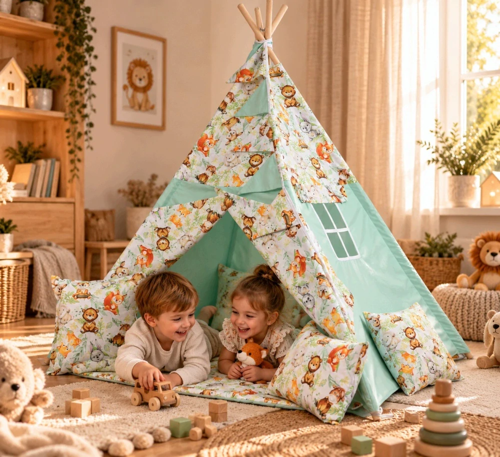 Dětský stan teepee s podložkou, polštářky a světýlky - zvířátka, mátová