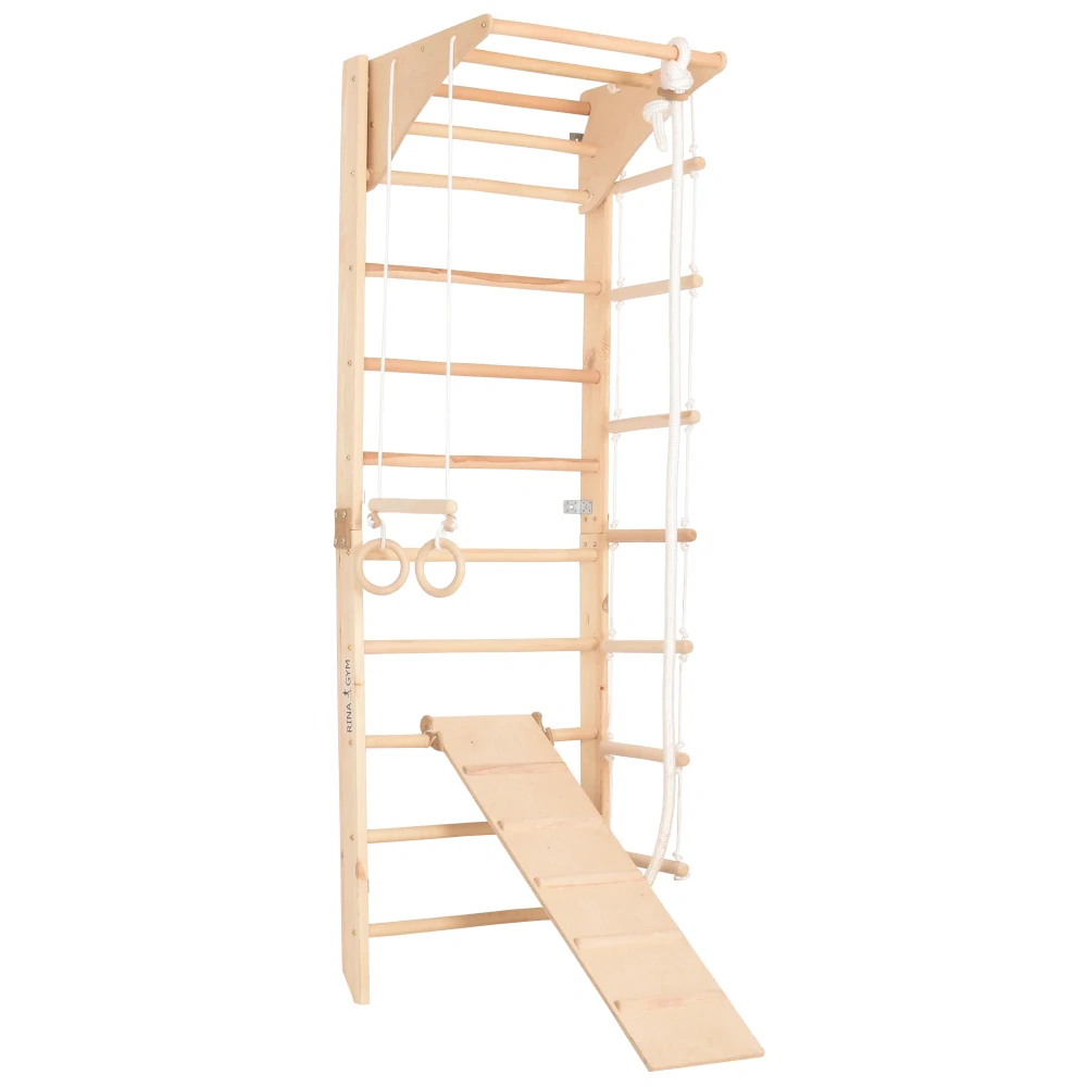 Žebřiny dřevěné s houpačkou, kruhy, žebříkem a skluzavkou KOMBI 3 - natural