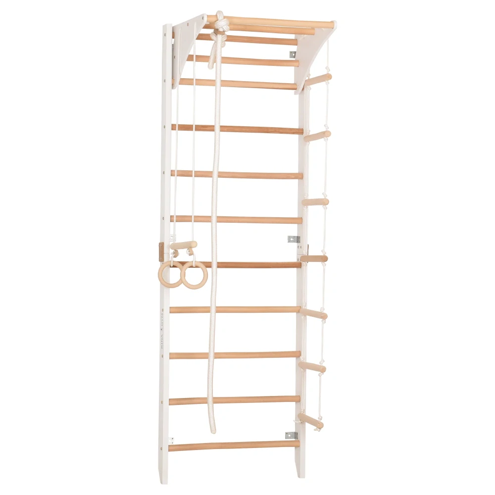 Žebřiny dřevěné s houpačkou, kruhy a žebříkem KOMBI 2 - bílá