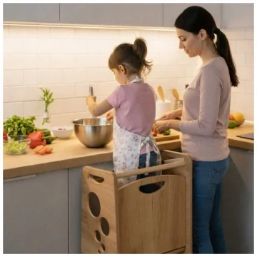 Učící věž Kitchen Helper - kolečka, přírodní dřevo
