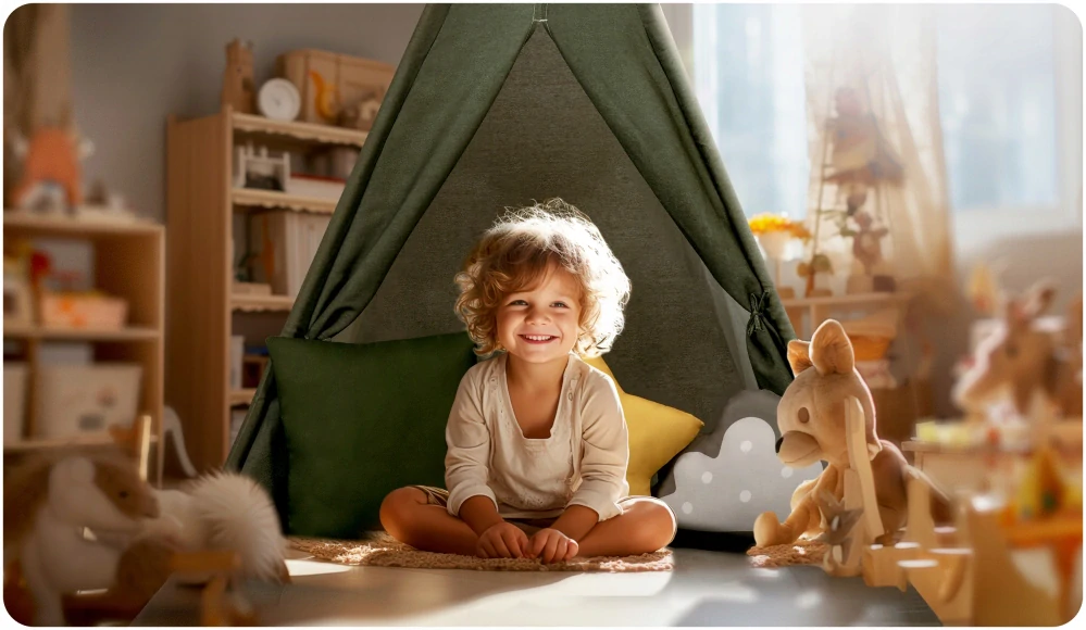 Dětský stan Teepee s podložkou a polštářky - zeleno žlutá