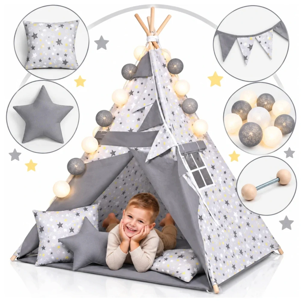 Dětský stan teepee s podložkou, polštářky a světýlky - hvězdičky, šedá