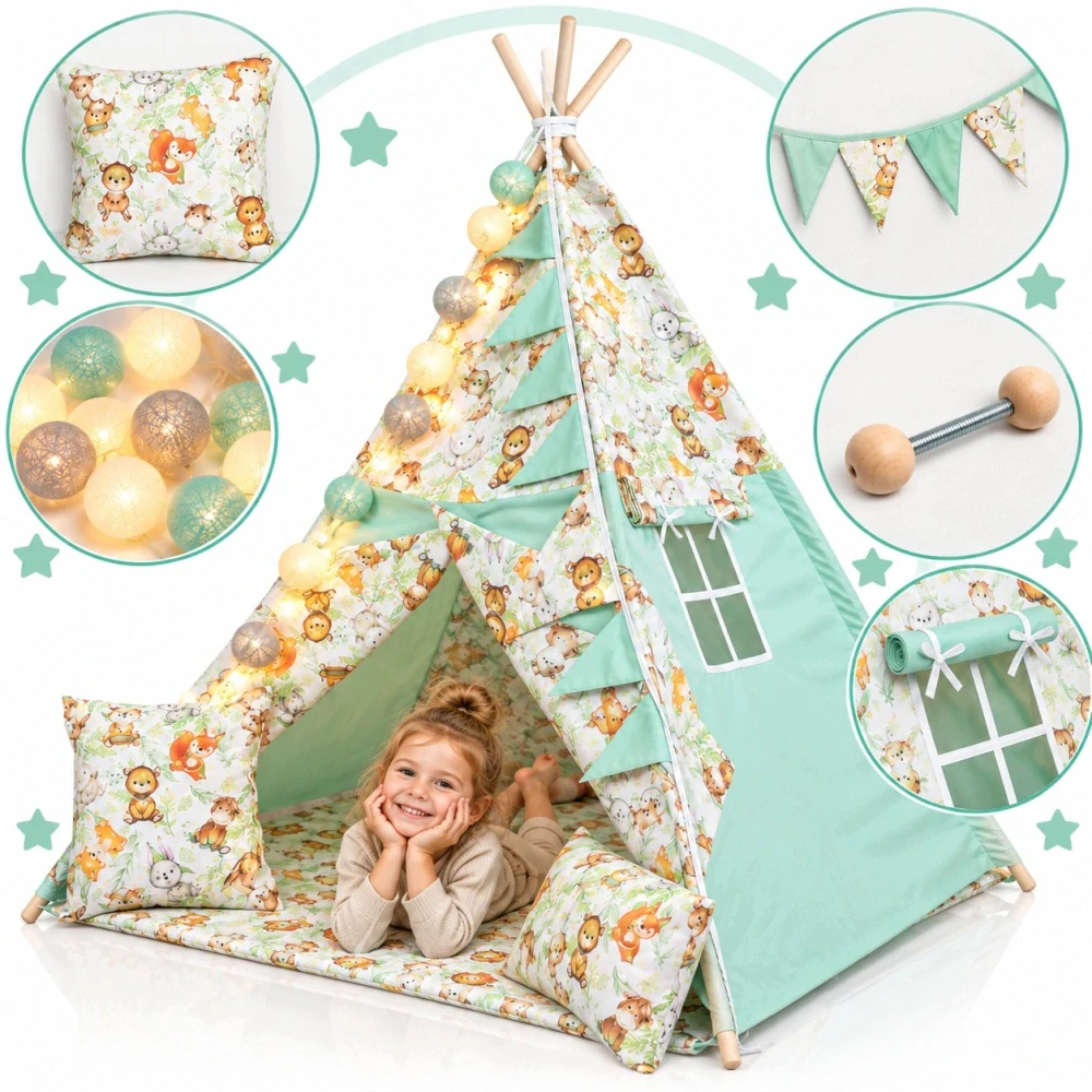 Dětský stan teepee s podložkou, polštářky a světýlky - zvířátka, mátová