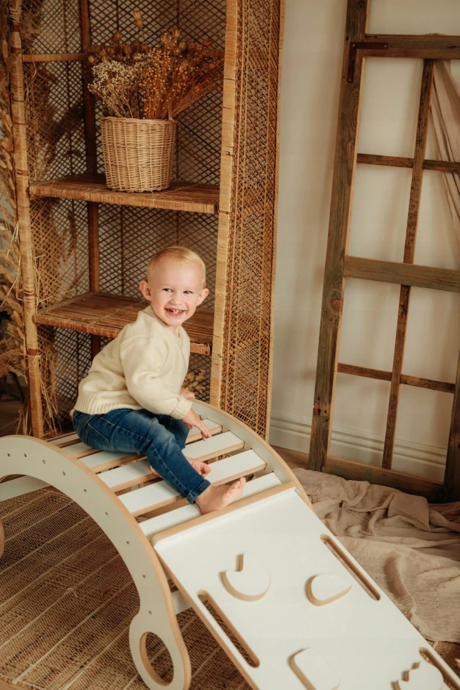 Certifikovaná montessori houpačka + lezecká stěna + skluzavka + polštářek - béžová