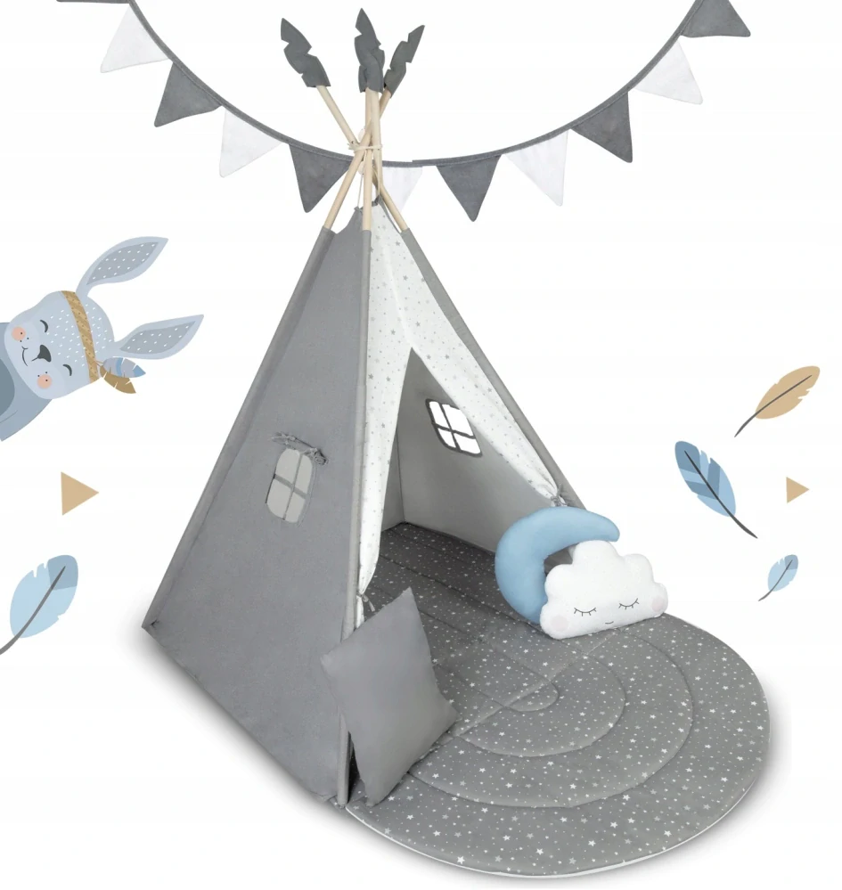 Dětský stan Teepee s podložkou a polštářky - šedá