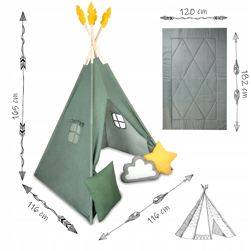 Dětský stan Teepee s podložkou a polštářky - zeleno žlutá