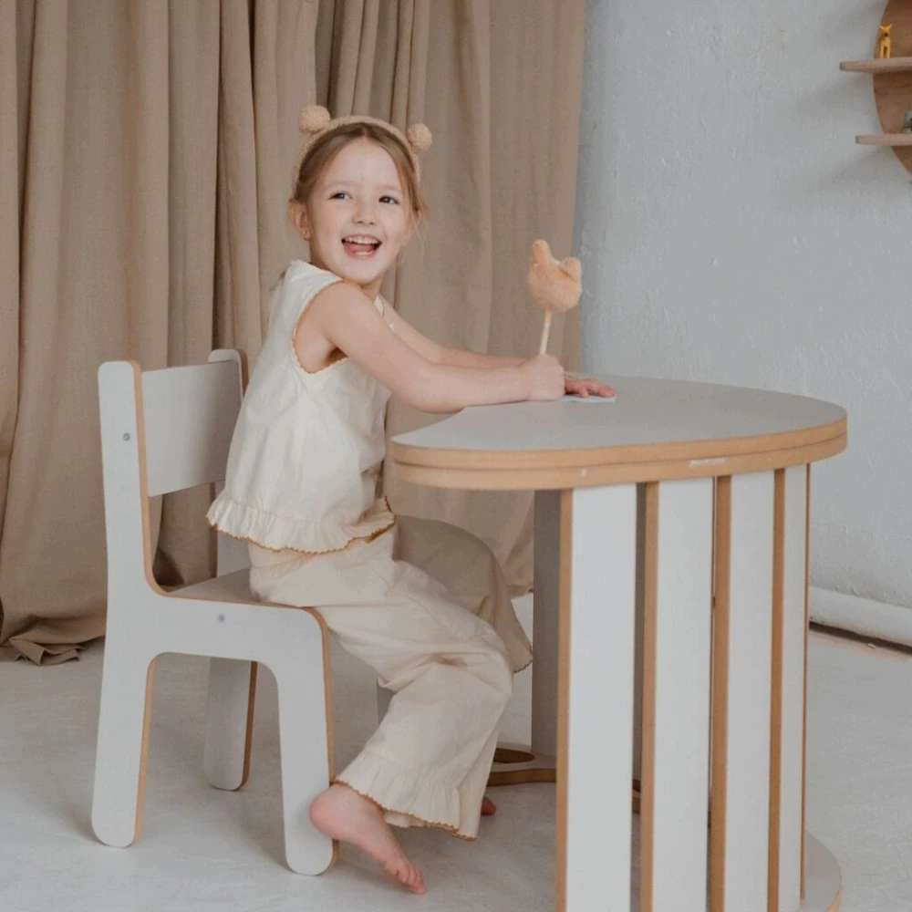 Montessori dřevěná houpačka bílá 5v1 se skluzavkou, lezeckou stěnou, stolkem, židličkou a modrým polštářem