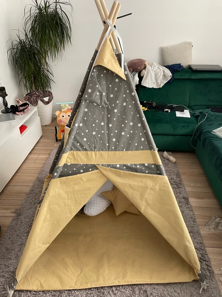 Dětský stan teepee s podložkou, polštářky a světýlky - hvězdičky, béžová
