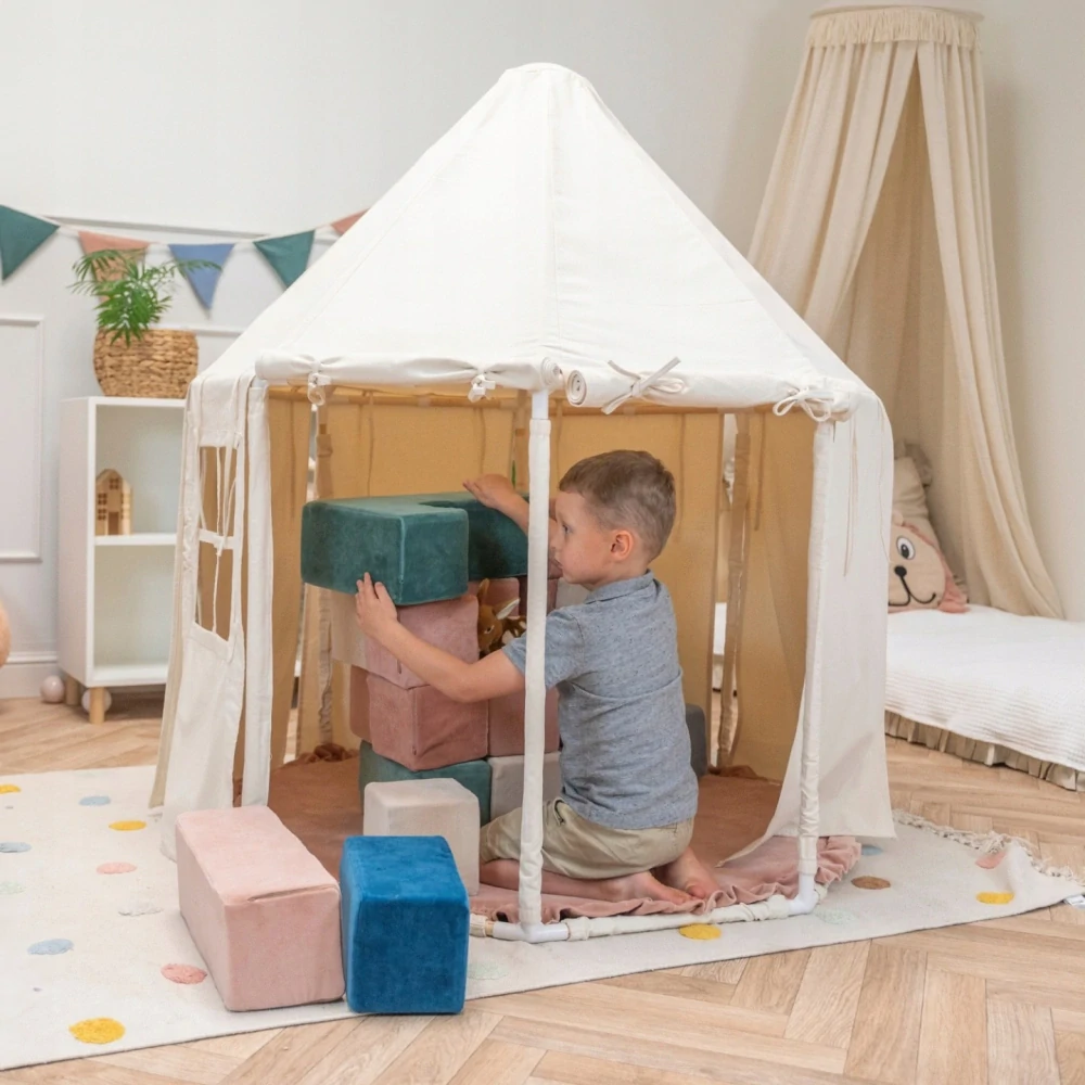Dětský hrací stan ve tvaru pavilonu – bavlněný domeček, béžová