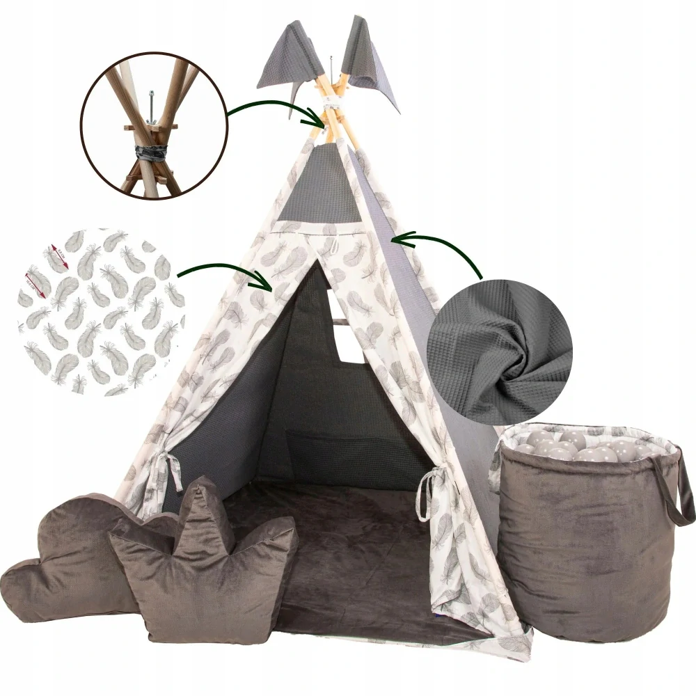 Dětský teepee stan - šedý pírka