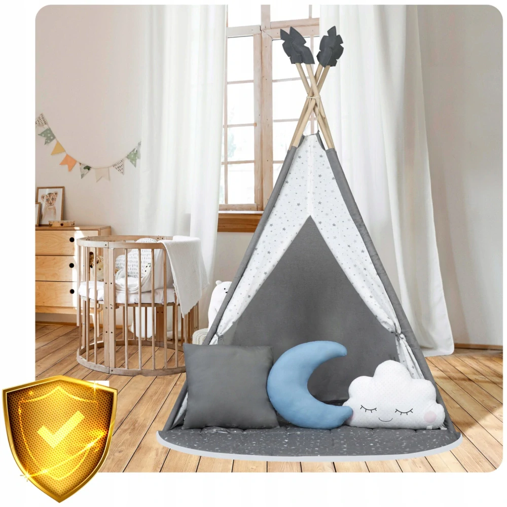Dětský stan Teepee s podložkou a polštářky - šedá