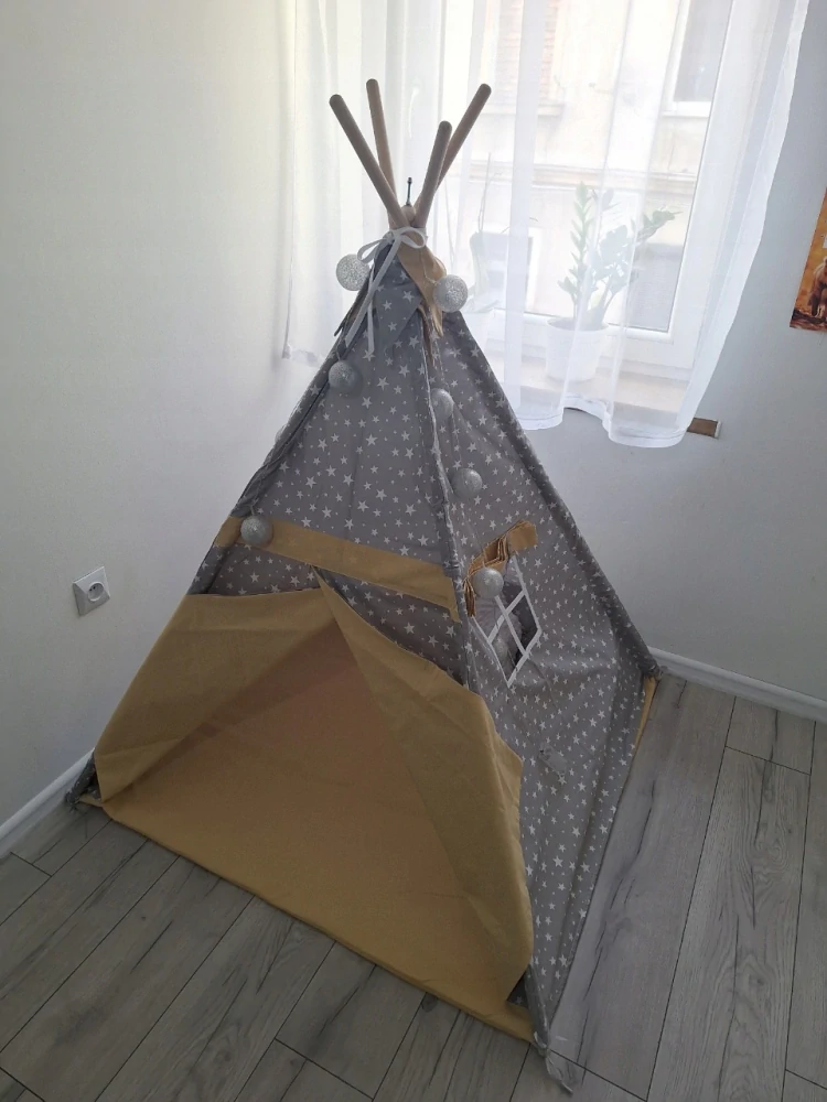 Dětský stan teepee s podložkou, polštářky a světýlky - hvězdičky, béžová