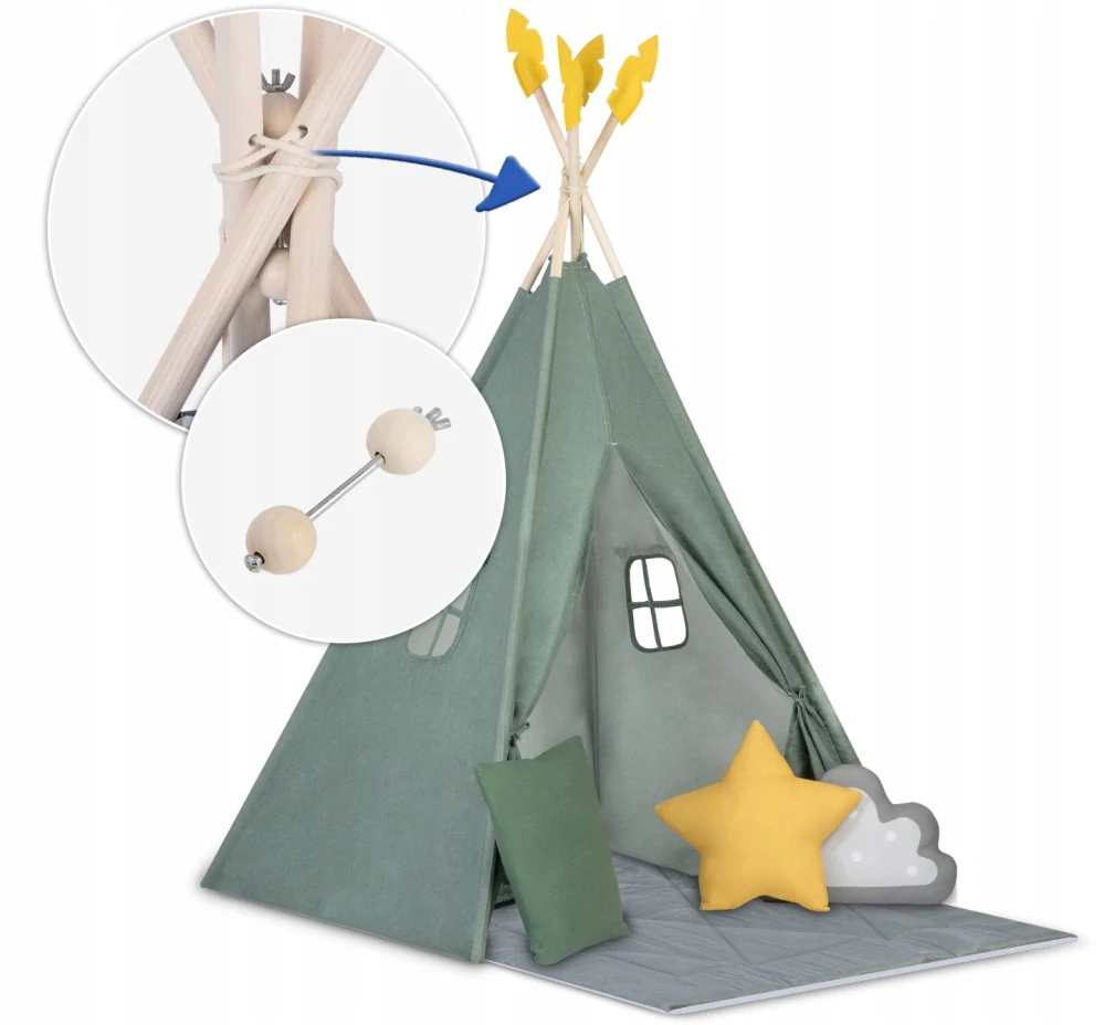 Dětský stan Teepee s podložkou a polštářky - zeleno žlutá