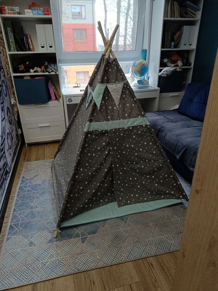 Dětský stan teepee s podložkou, polštářky a světýlky - hvězdičky, mátová