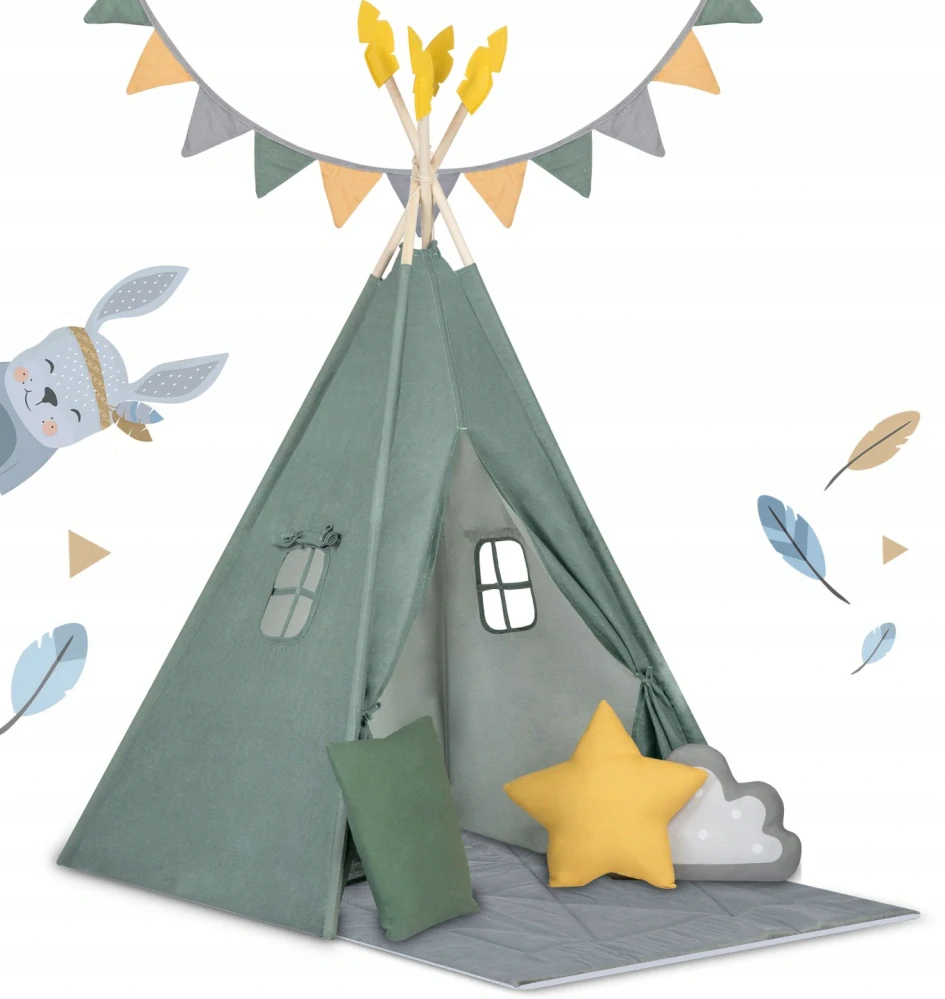 Dětský stan Teepee s podložkou a polštářky - zeleno žlutá