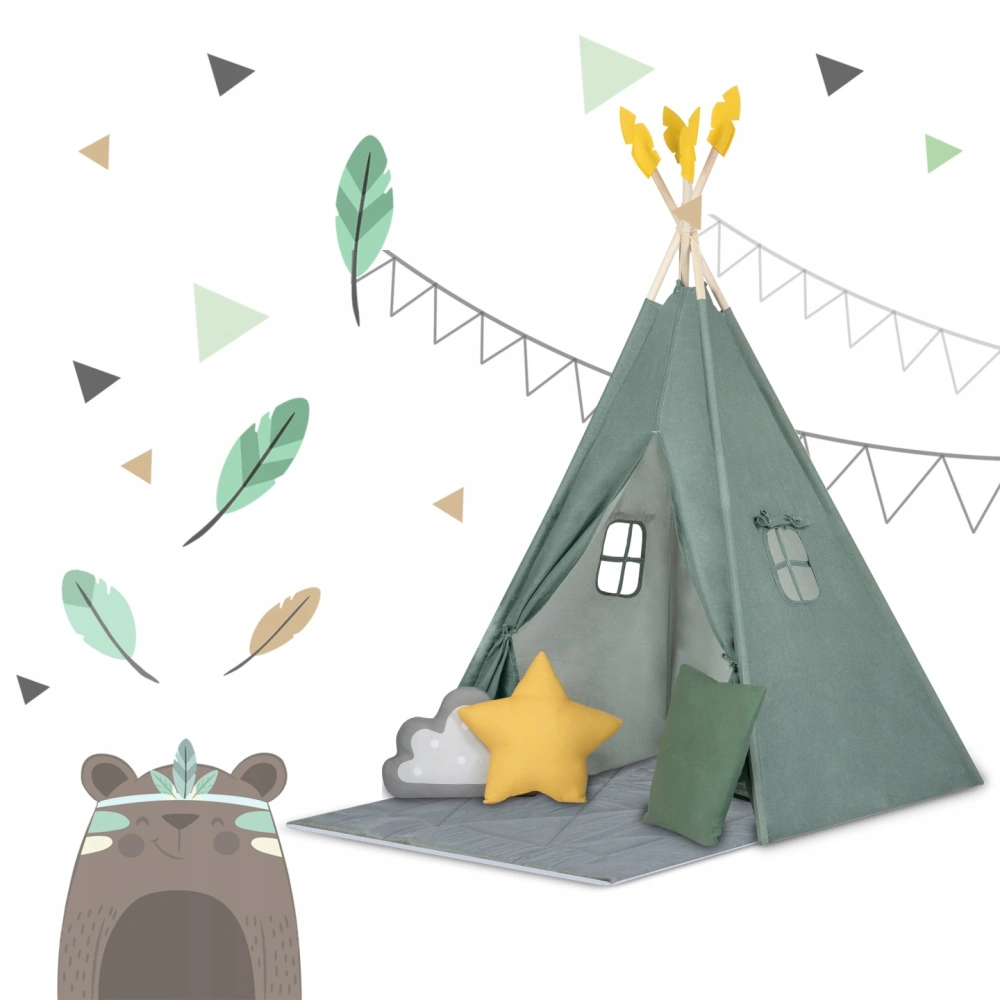 Dětský stan Teepee s podložkou a polštářky - zeleno žlutá