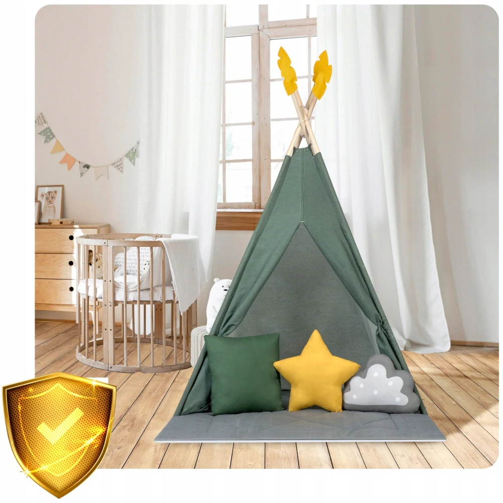Dětský stan Teepee s podložkou a polštářky - zeleno žlutá