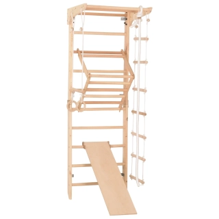 Žebřiny dřevěné s houpačkou, kruhy, žebříkem, skluzavkou a extra nosníkem KINDER 3 - natural